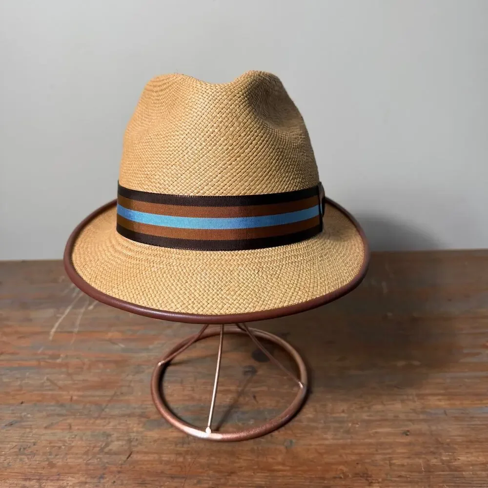 Cha Cha's House of Ill Repute Woven Fedora with Leather trim Brown Blue Ribbon - Picture 6 of 9